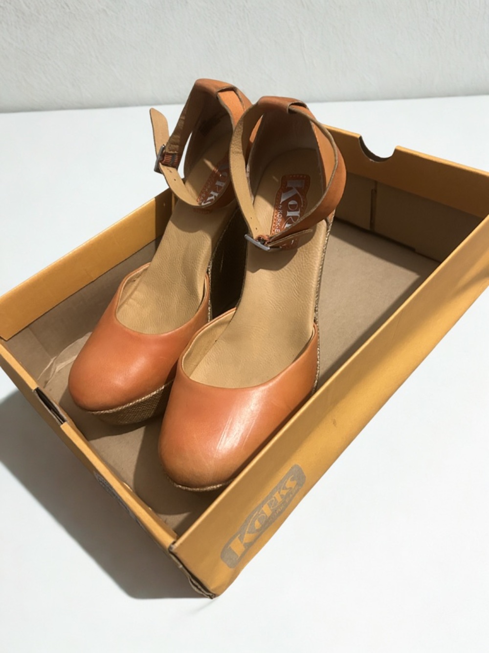 Kork-Ease Women's Cognac Leather Ankle-Strap Espadrille Wedges